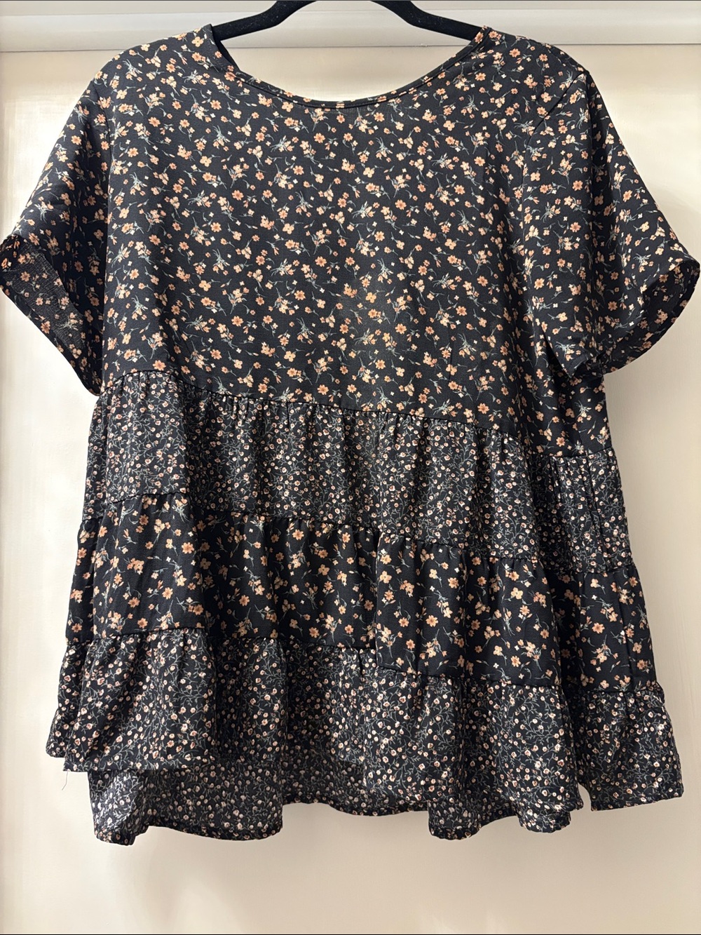 Paper Crane Black Tunic Top with Peach Floral Print